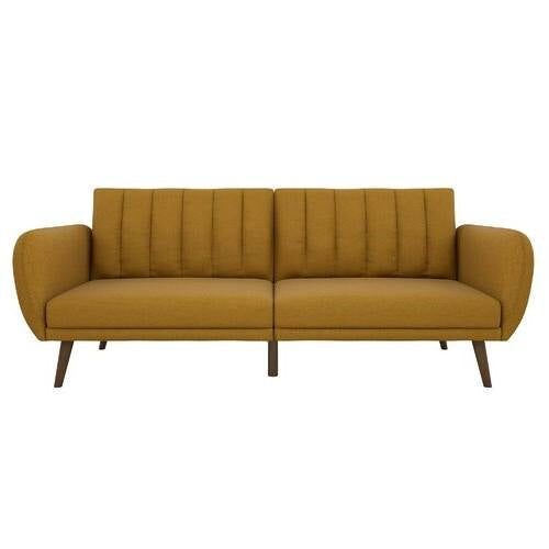 Living Room > Sofas - Mustard Linen Upholstered Futon Sofa Bed With Mid-Century Style Wooden Legs