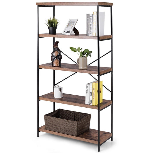 Living Room > Bookcases - Industrial Metal Wood 5-Tier Bookcase Storage Rack Book Shelf