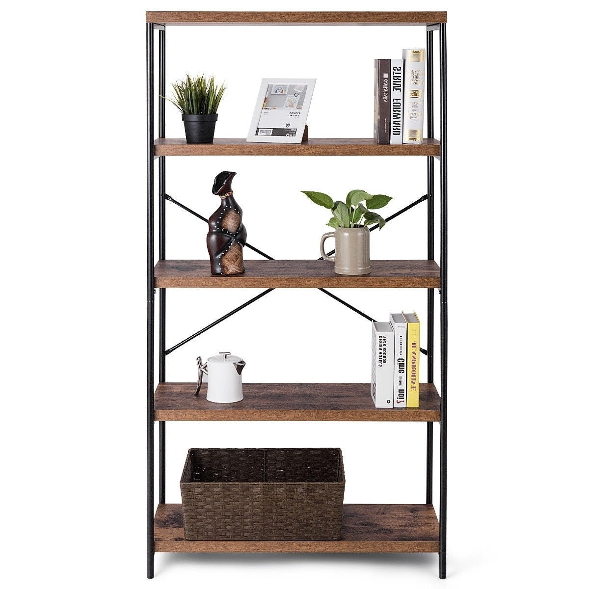 Living Room > Bookcases - Industrial Metal Wood 5-Tier Bookcase Storage Rack Book Shelf