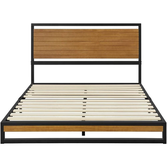 Bedroom > Bed Frames > Platform Beds - Full Size Modern Metal Platform Bed Frame With Solid Brown Wood Slatted Headboard