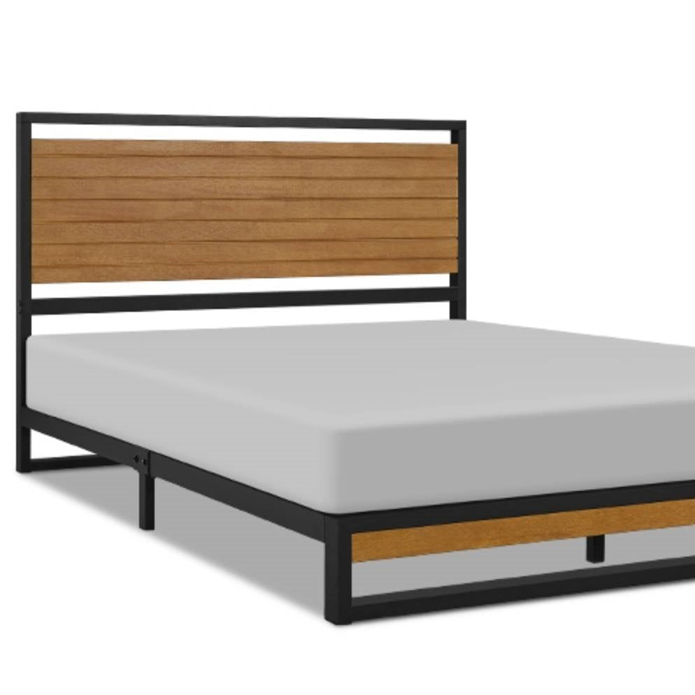 Bedroom > Bed Frames > Platform Beds - Full Size Modern Metal Platform Bed Frame With Solid Brown Wood Slatted Headboard