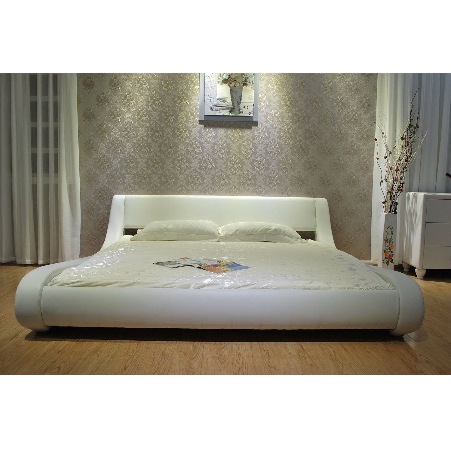 Bedroom > Bed Frames > Platform Beds - Queen Modern White Upholstered Platform Bed With Curved Sides & Headboard