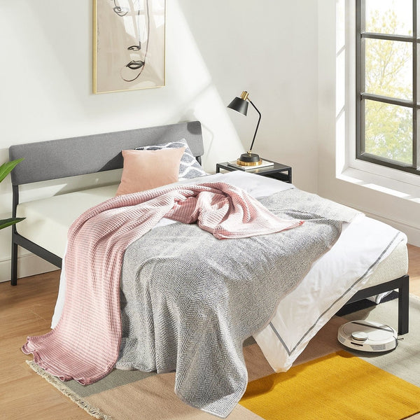 Bedroom > Bed Frames > Platform Beds - Queen Size Grey Soft Fabric Metal Headboard Platform Bed Wooden Slats