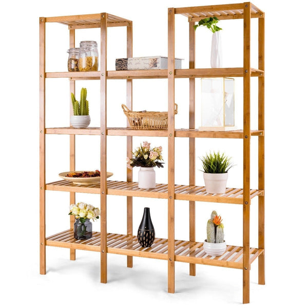 Living Room > Bookcases - Bamboo Wood 4-Shelf Bookcase Plant Stand Shelving Unit