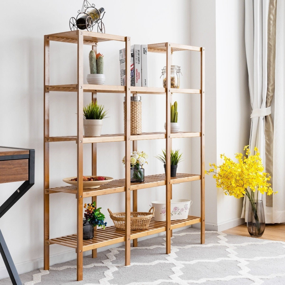 Living Room > Bookcases - Bamboo Wood 4-Shelf Bookcase Plant Stand Shelving Unit