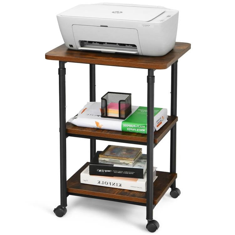 Office > Printer Stands - Brown/Black Multifunction Adjustable Height 3-tier Printer Stand On Wheels