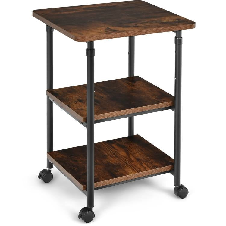 Office > Printer Stands - Brown/Black Multifunction Adjustable Height 3-tier Printer Stand On Wheels