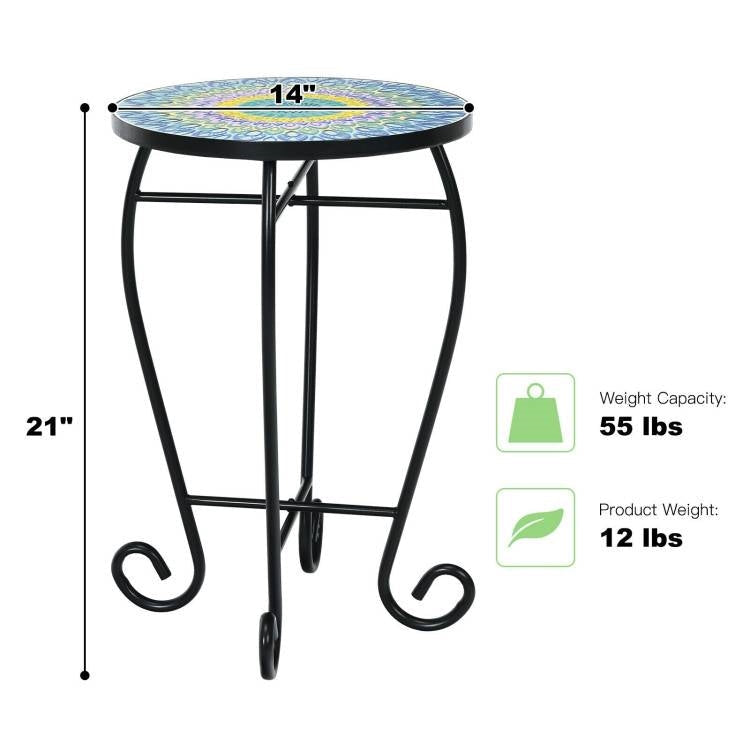 Outdoor > Outdoor Furniture > Patio Tables - Indoor/Outdoor Blue Yellow Green Mosaic Round Side Accent Table Plant Stand