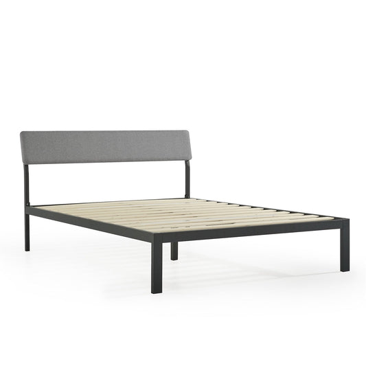 Bedroom > Bed Frames > Platform Beds - Twin Size Grey Soft Fabric Metal Headboard Platform Bed Wooden Slats