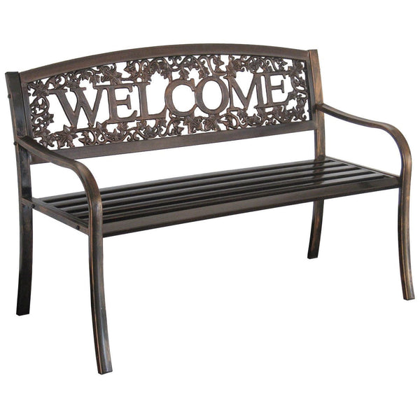 Outdoor > Outdoor Furniture > Garden Benches - Outdoor Weather Resistant Metal Garden Bench With Welcome Floral Back
