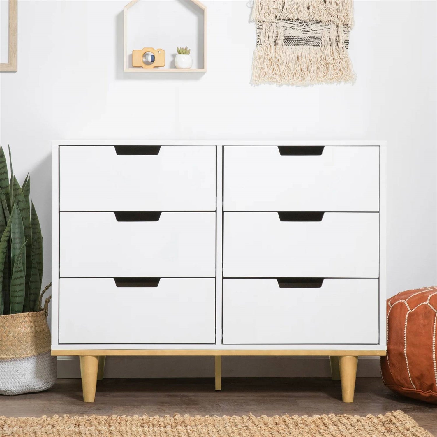 Bedroom > Nightstand And Dressers - Modern Mid-Century Style 6-Drawer Double Dresser In White Natural Wood Finish
