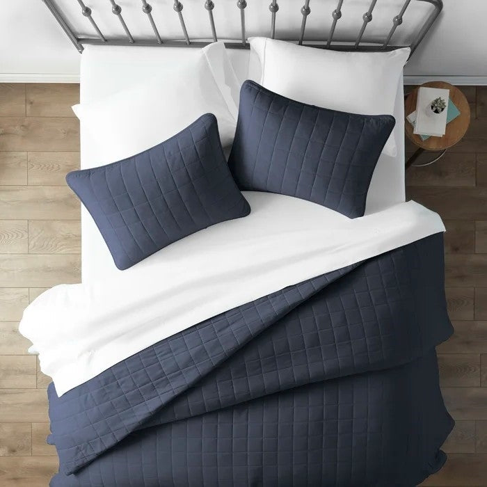 Bedroom > Quilts & Blankets - 3 Piece Microfiber Farmhouse Coverlet Bedspread Set Navy, Full/Queen