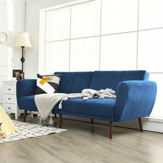 Living Room > Sofas - Modern Scandinavian Blue Linen Upholstered Sofa Bed With Wooden Legs