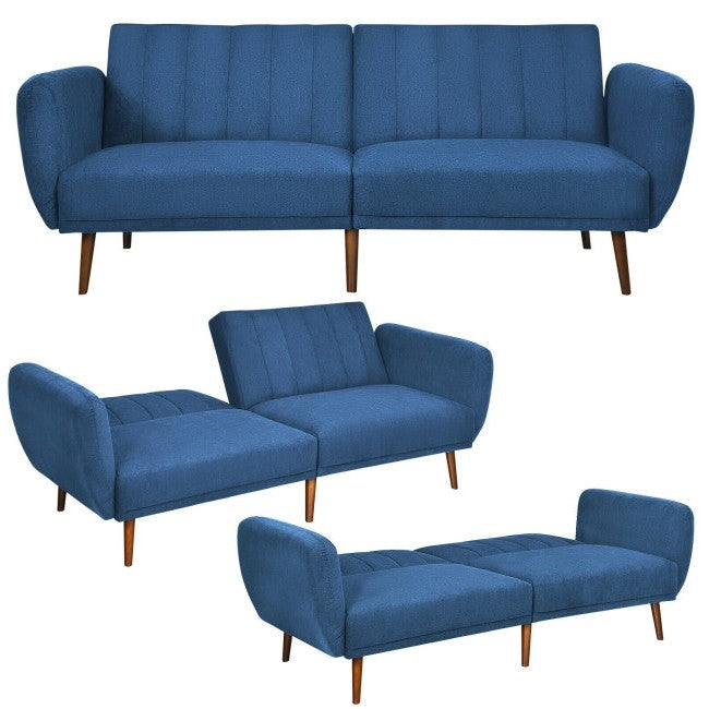Living Room > Sofas - Modern Scandinavian Blue Linen Upholstered Sofa Bed With Wooden Legs