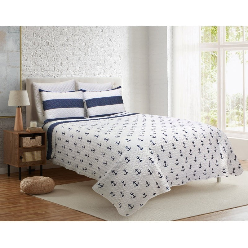 3 Piece Nautical Stripped/Anchors Reversible Microfiber Quilt Set Navy, King-Novel Home