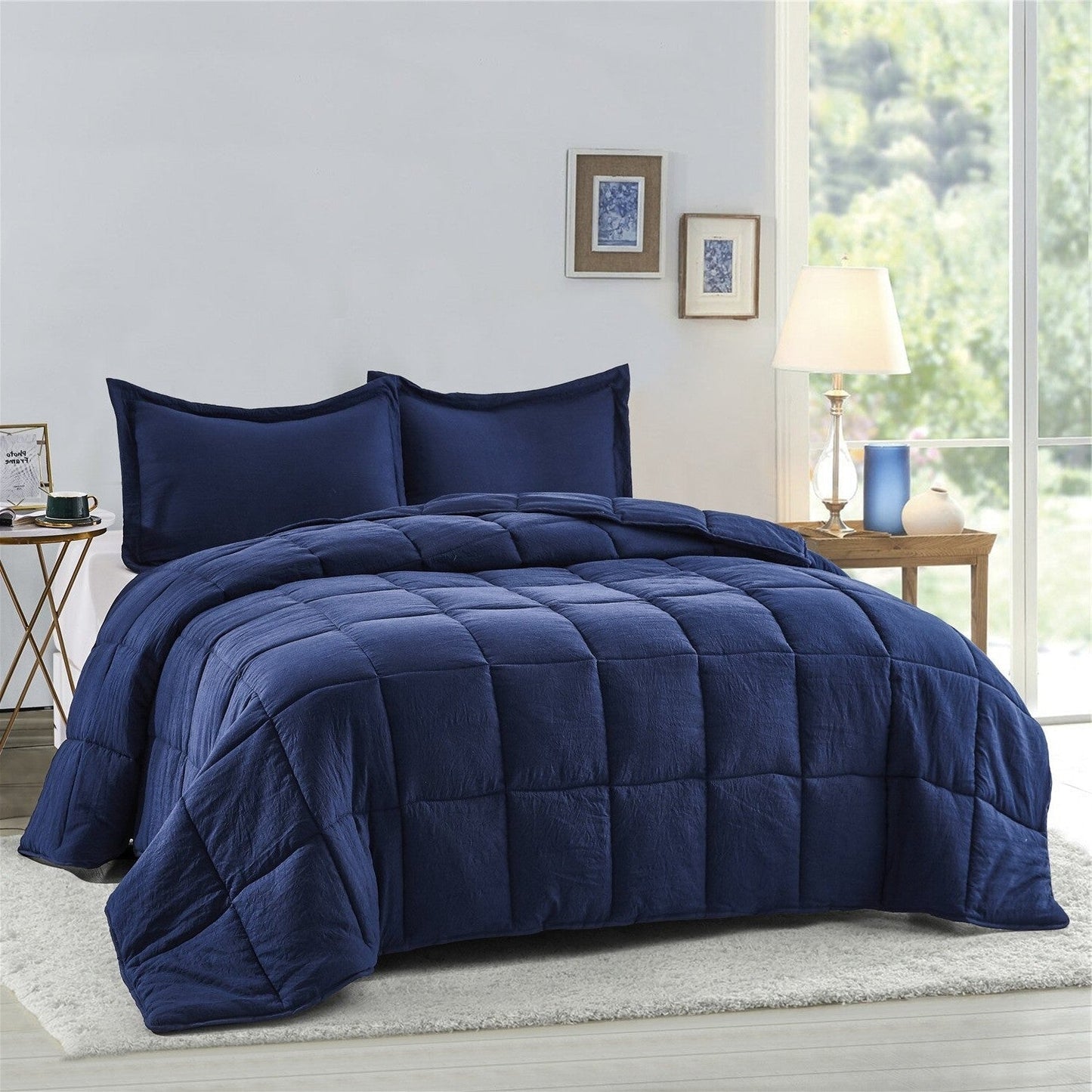 Bedroom > Comforters And Sets - Queen Size Navy 3 Piece Microfiber Reversible Comforter Set
