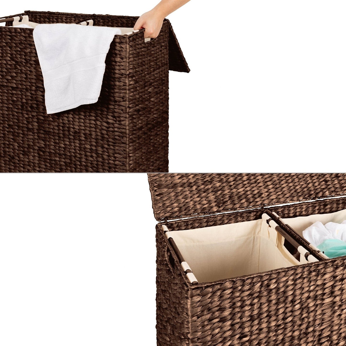 Bathroom > Laundry Hampers - Espresso 2-Bin Handwoven Hyacinth Linen Liner Laundry Hamper W/ Handles
