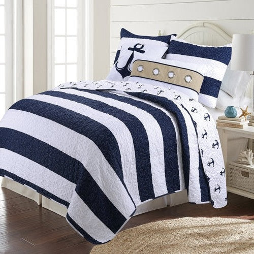 2 Piece Nautical Stripped/Anchors Reversible Microfiber Quilt Set Navy, Twin-Novel Home