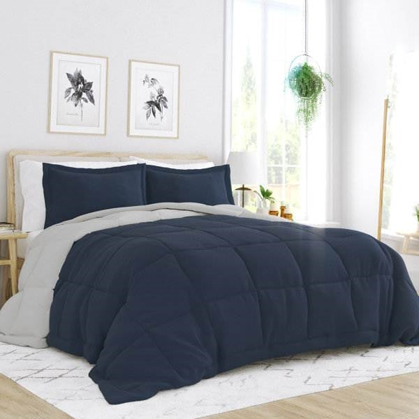 Bedroom > Comforters And Sets - Full/Queen 3-Piece Microfiber Reversible Comforter Set In Navy Blue And Grey