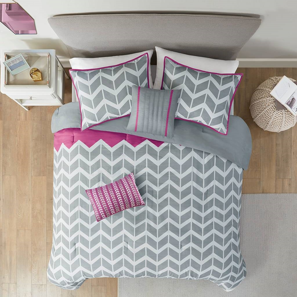 Bedroom > Comforters And Sets - Twin Reversible Comforter Set With Grey White Purple Pink Chevron Pattern