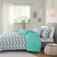 Bedroom > Comforters And Sets - King Size Reversible Comforter Set In Grey White Aqua Teal Chevron Stripe