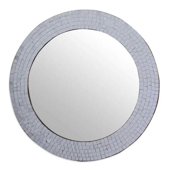 Bathroom > Bathroom Mirrors - Modern Round Circular Bathroom Wall Mirror With Mosaic Glass Silver Frame
