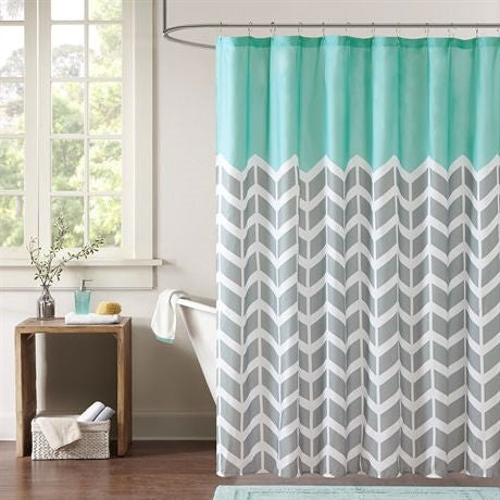 Bathroom > Shower Curtains - Teal Grey White Zig Zag Chevron Microfiber Shower Curtain