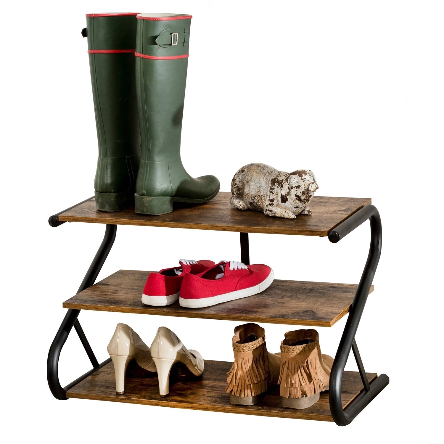Accents > Shoe Racks - Modern Industrial Metal Wood 3-Tier Shoe Rack - Holds Up To 9 Pair Of Shoes
