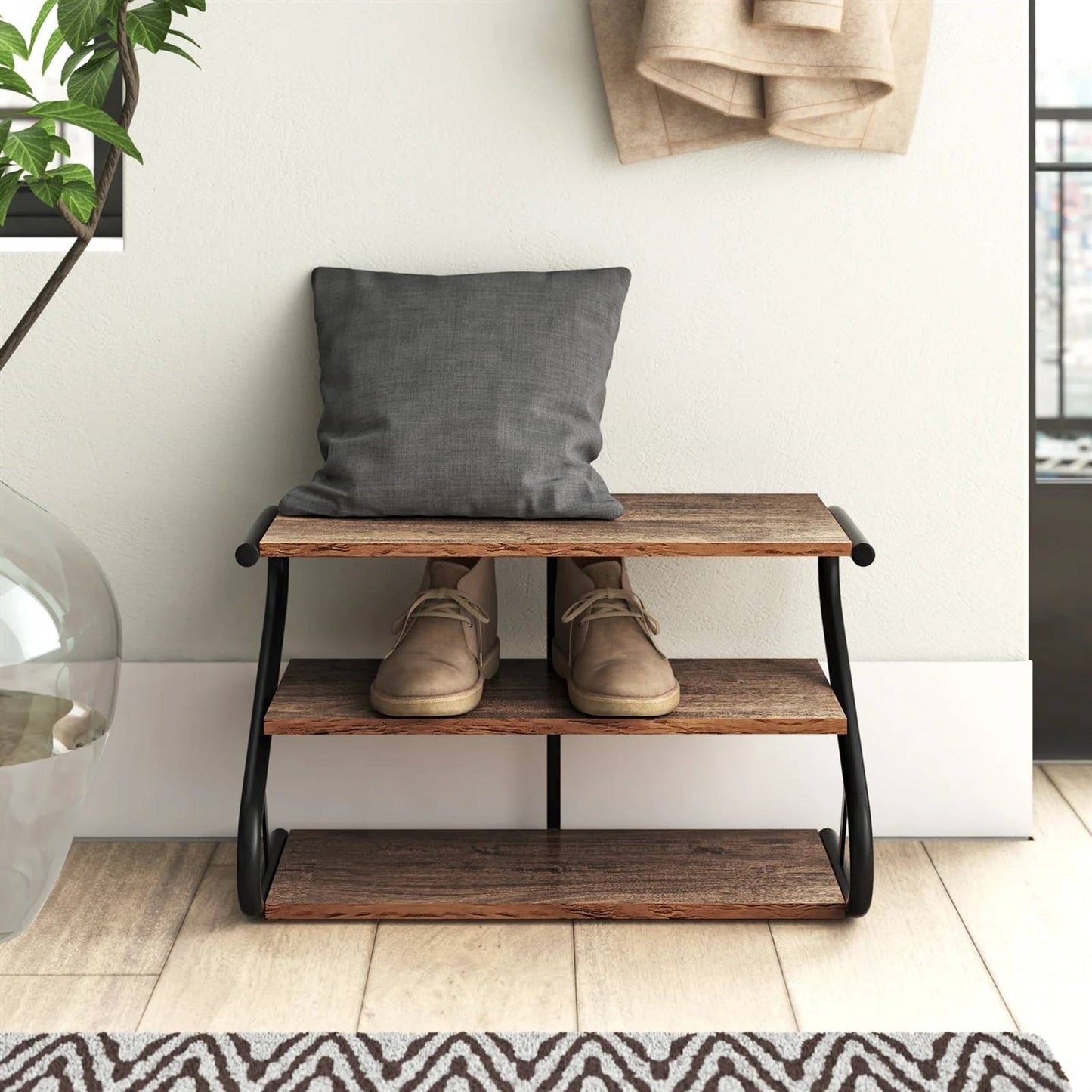 Accents > Shoe Racks - Modern Industrial Metal Wood 3-Tier Shoe Rack - Holds Up To 9 Pair Of Shoes