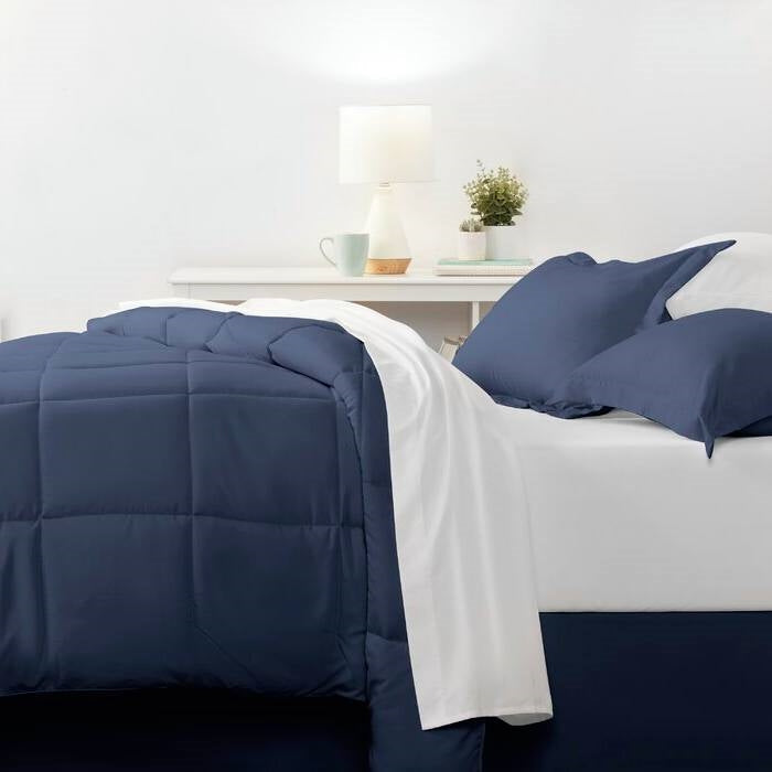Bedroom > Comforters And Sets - CA King Navy Microfiber Baffle-Box 6-Piece Reversible Bed-in-a-Bag Comforter Set