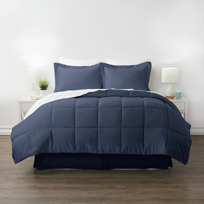 Bedroom > Comforters And Sets - Queen Navy Microfiber Baffle-Box 6-Piece Reversible Bed-in-a-Bag Comforter Set