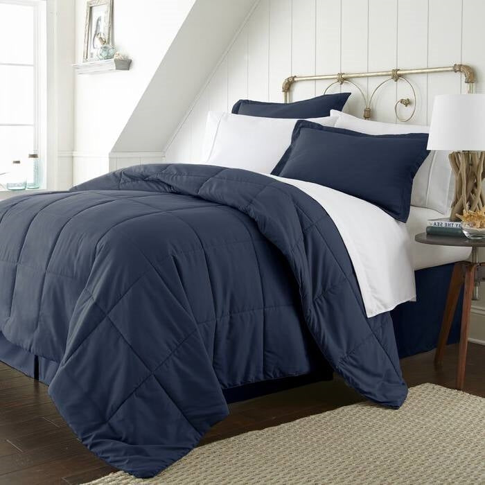 Bedroom > Comforters And Sets - Queen Navy Microfiber Baffle-Box 6-Piece Reversible Bed-in-a-Bag Comforter Set