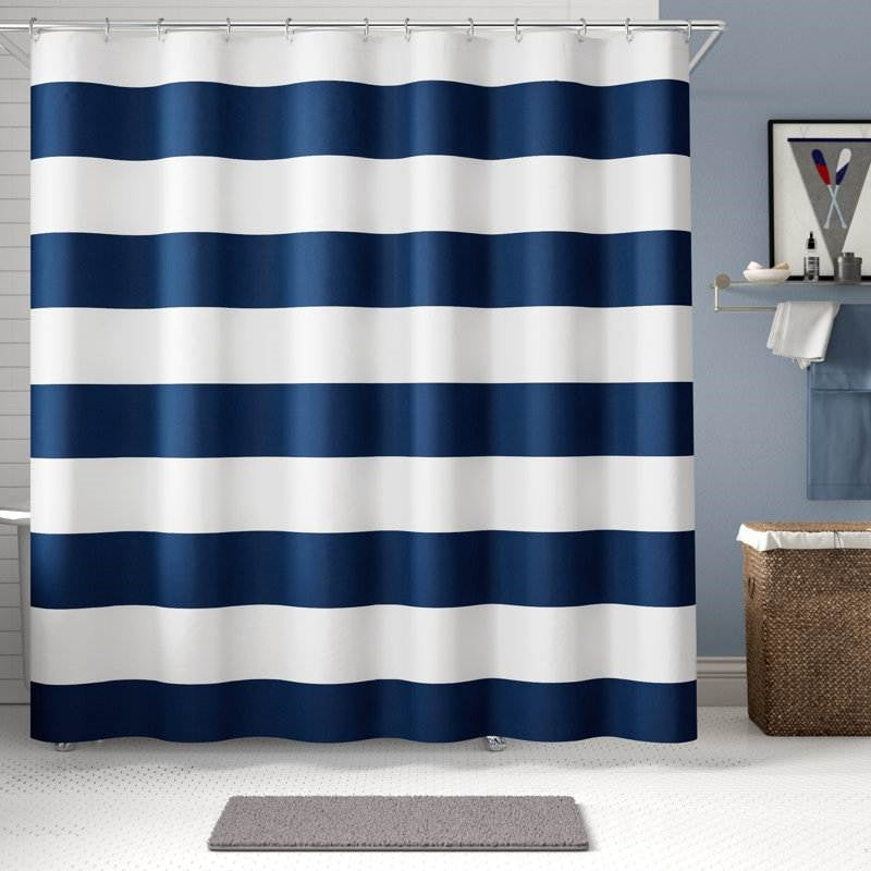 Bathroom > Shower Curtains - 72 X 70 Inch Polyester Navy Blue White Nautical Ocean Striped Shower Curtain
