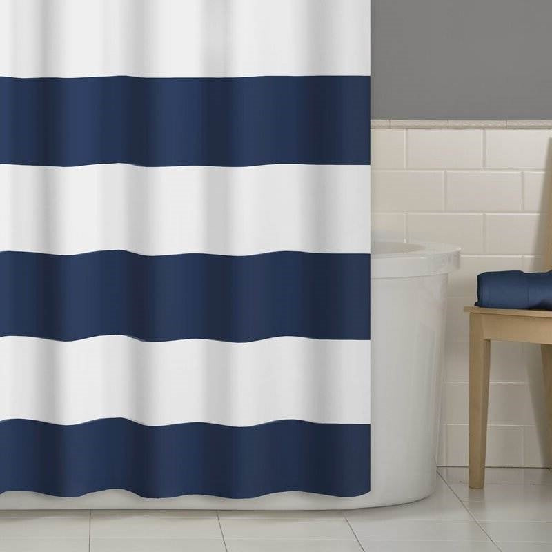 Bathroom > Shower Curtains - 72 X 70 Inch Polyester Navy Blue White Nautical Ocean Striped Shower Curtain