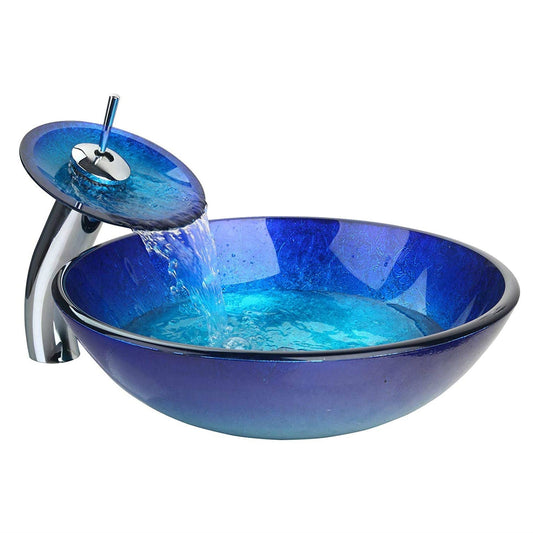 Bathroom > Bathroom Sinks - Modern Blue Glass Bathroom Vessel Sink And Faucet With Chrome Drain