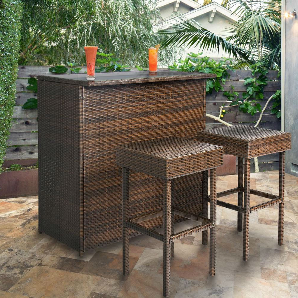 Outdoor > Outdoor Furniture > Patio Furniture Sets - Outdoor 3-Piece PE Wicker Bar Set With Table And Stools
