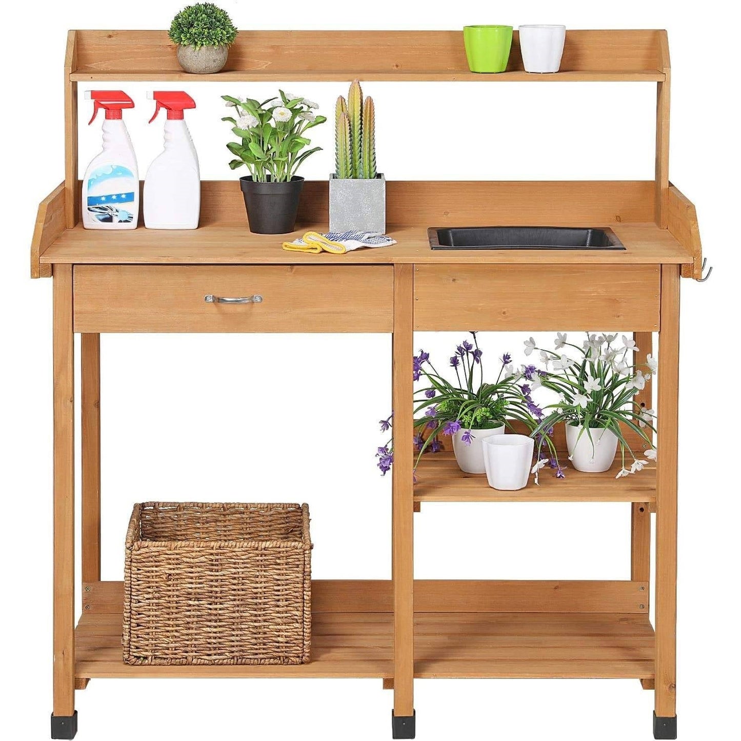 Outdoor > Gardening > Potting Benches - Outdoor Garden Wood Potting Bench Work Table With Sink In Light Oak Finish