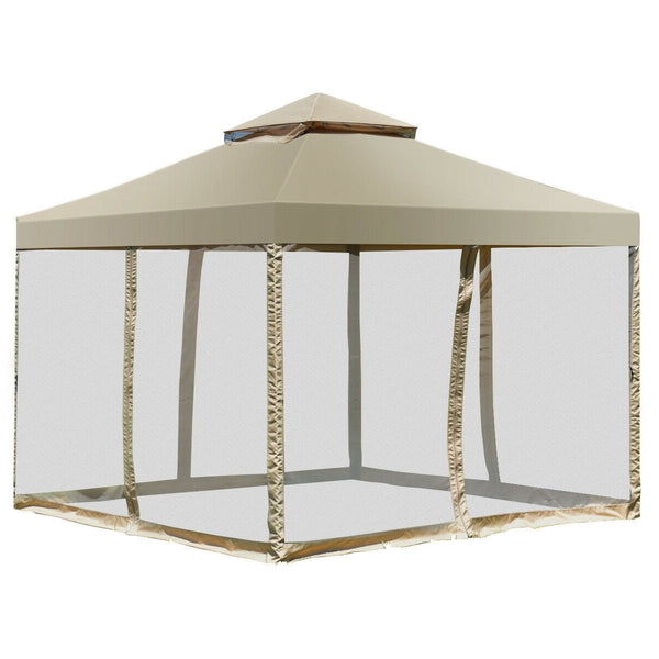 10 x 10 Ft Outdoor Gazebo with Tan Brown Polyester Canopy and Mesh Side Walls-Novel Home