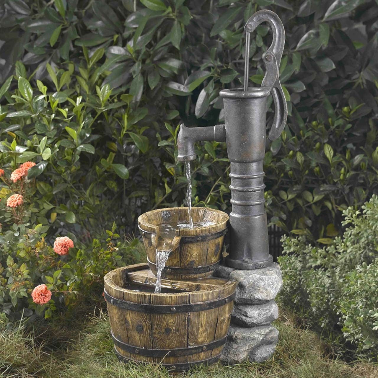 Outdoor > Outdoor Decor > Outdoor Fountains - Outdoor Water Pump Half Whiskey Barrel Style Water Fountain