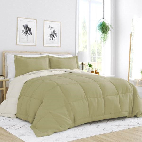 Bedroom > Comforters And Sets - King/Cal King 3-Piece Microfiber Reversible Comforter Set In Sage Green/Cream
