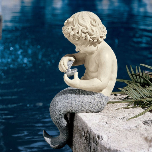 Outdoor > Outdoor Decor > Garden Statues - Young Little Sitting Mermaid Garden Statue With Oyster And Pearl