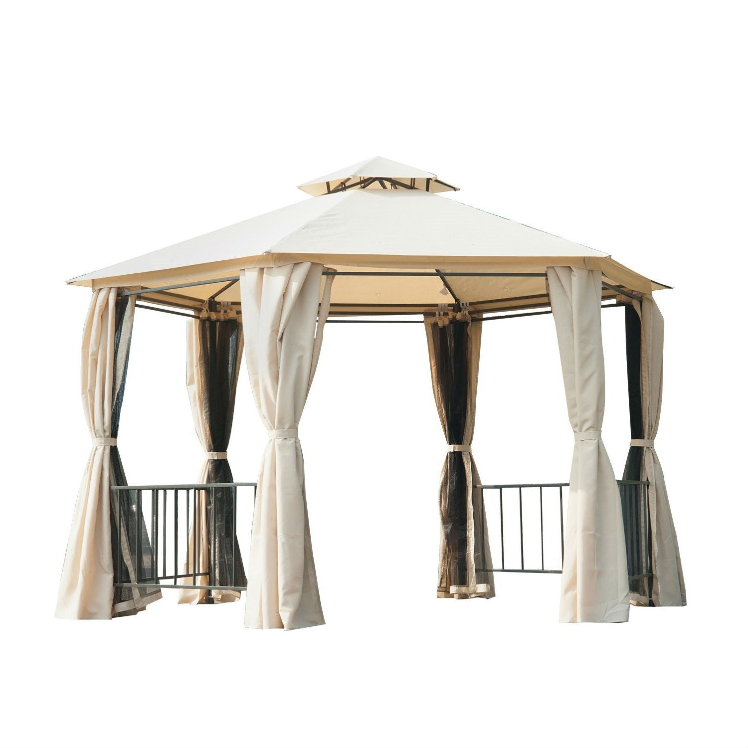 Outdoor > Gazebos & Canopies - Outdoor Patio Hexagon Gazebo With Beige Canopy And Mesh Curtains