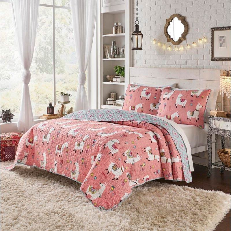 Bedroom > Quilts & Blankets - Twin/Twin XL Pink Blue Reversible Floral Llama Cotton Quilt Set