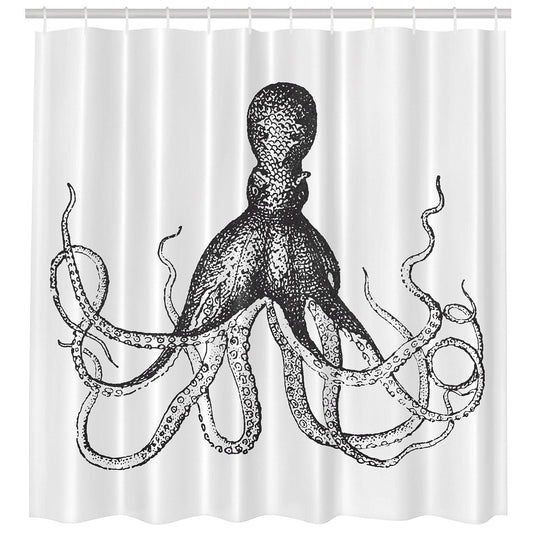 Bathroom > Shower Curtains - Machine Washable Black White Vintage Octopus Shower Curtain