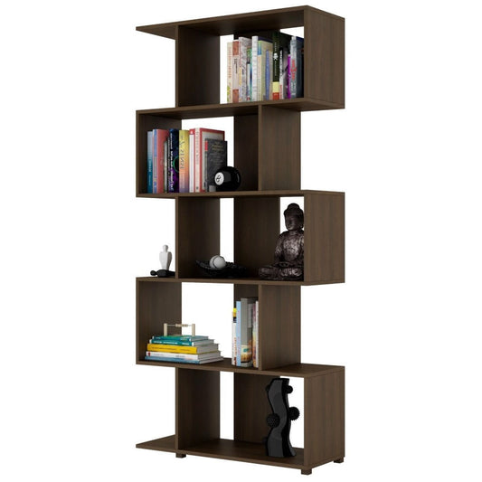 Living Room > Bookcases - Modern Zig-Zag Bookcase With 5-Shelves In Dark Brown Finish