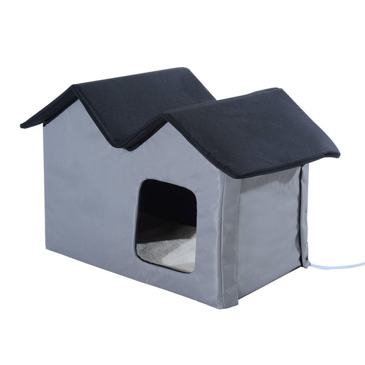 Bedroom > Cat And Dog Beds - Heated Water-proof Double Wide Outdoor Cat Dog House Foldable Grey