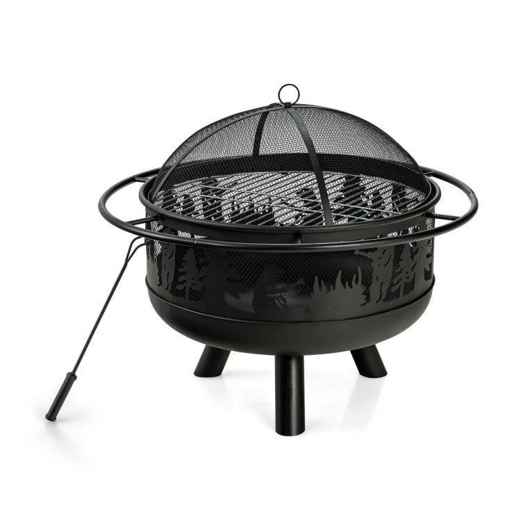 Outdoor > Outdoor Decor > Fire Pits - Portable Patio Screened Wood Burning Fire Pit Cooking Grill With Poker