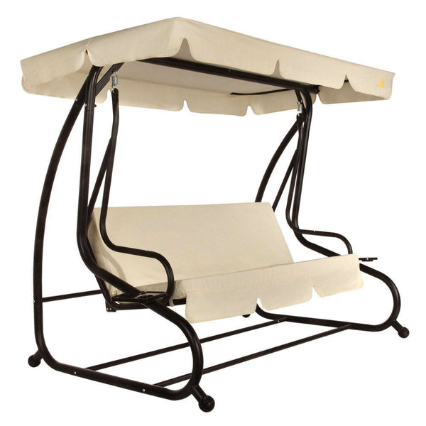 Outdoor > Outdoor Furniture > Porch Swings And Gliders - Outdoor 3-Seat Canopy Swing With Beige Cushions For Patio Deck Or Porch