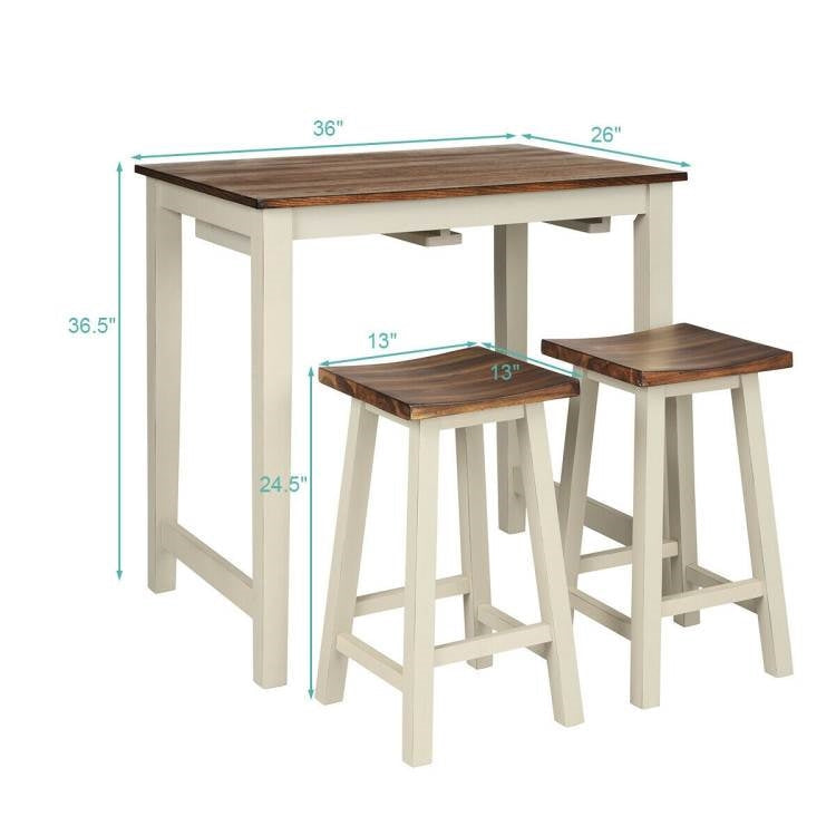 Dining > Dining Sets - 3 Piece Farmhouse Counter Height Kitchen Pub Table Set With 2 Saddle Bar Stools