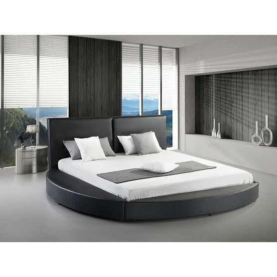 Bedroom > Bed Frames > Platform Beds - Queen Size Modern Round Platform Bed With Headboard In Black Faux Leather